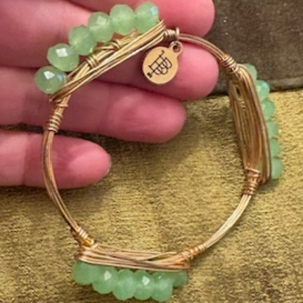 New Bourbon and Boweties Green Faceted Stones Gold Bangle Bracelet Made in USA